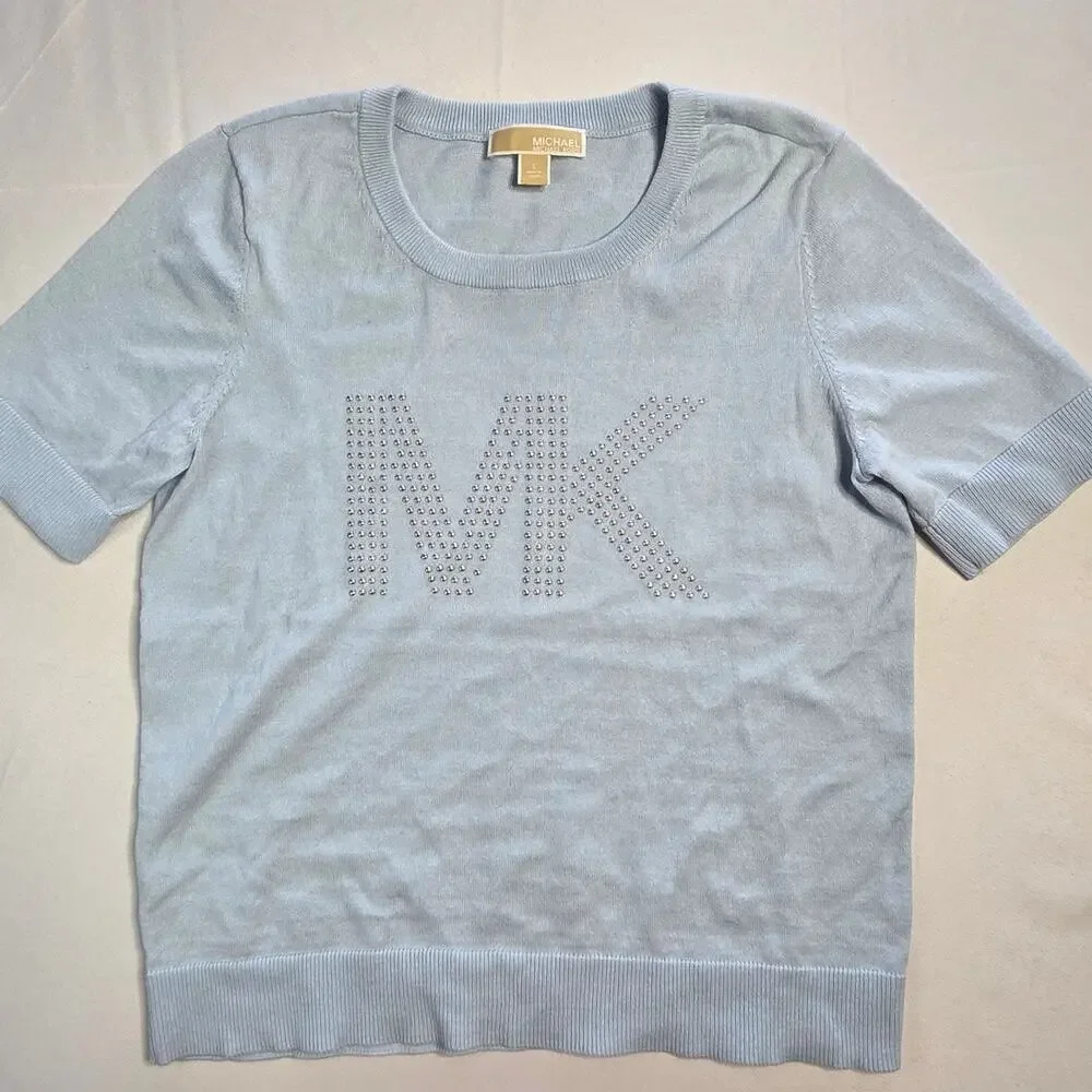 Michael Kors Blue Short Sleeves Sweater Studded Logo Size L